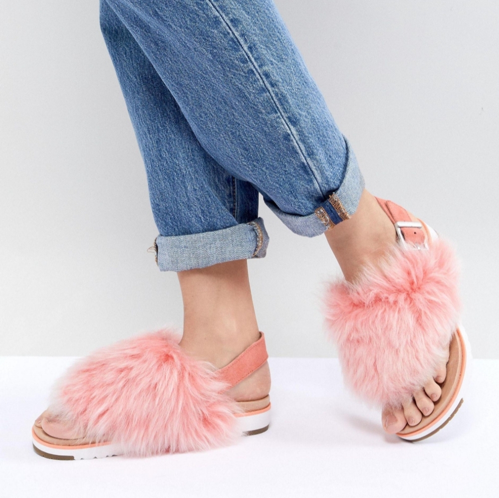 💓UGG HOLLY FLUFFY FUR FUSION CORAL SLINGBACK THONG SANDALS